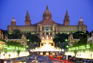 The National Palace Magic Fountain on Plaza de Espaynya at night in Barcelona, Spain --- Image by © Royalty-Free/Corbis